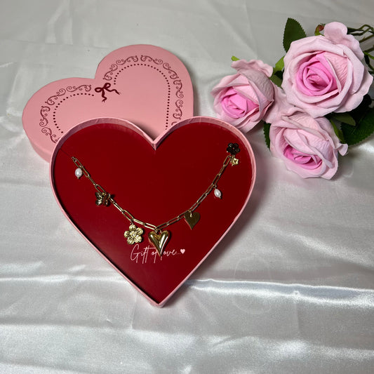 Gift of love - Schakelketting Hart en Bloem- Goud